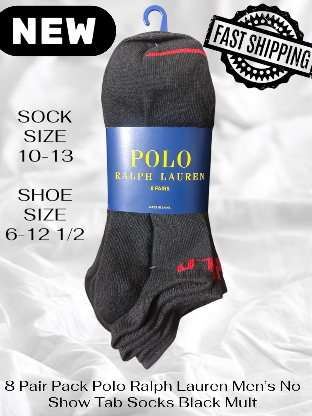 NEW 8 Pair Pack Polo Ralph Lauren Men’s No Show Tab Socks Size 10-13 Black Mult